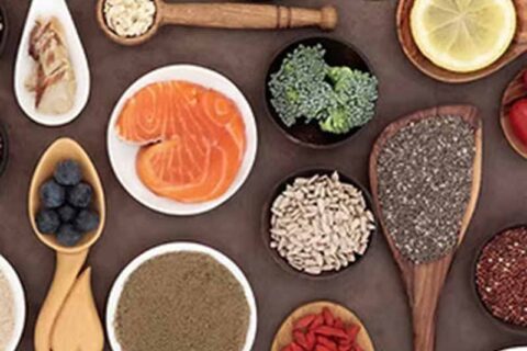 Superfood assortment with grains, fruits, vegetables, and spices