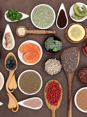 Superfood assortment with grains, fruits, vegetables, and spices